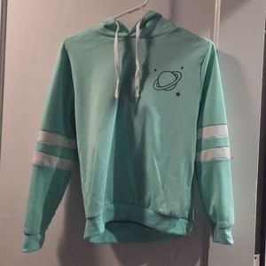 Light teal pullover hoodie w/ cute planet details